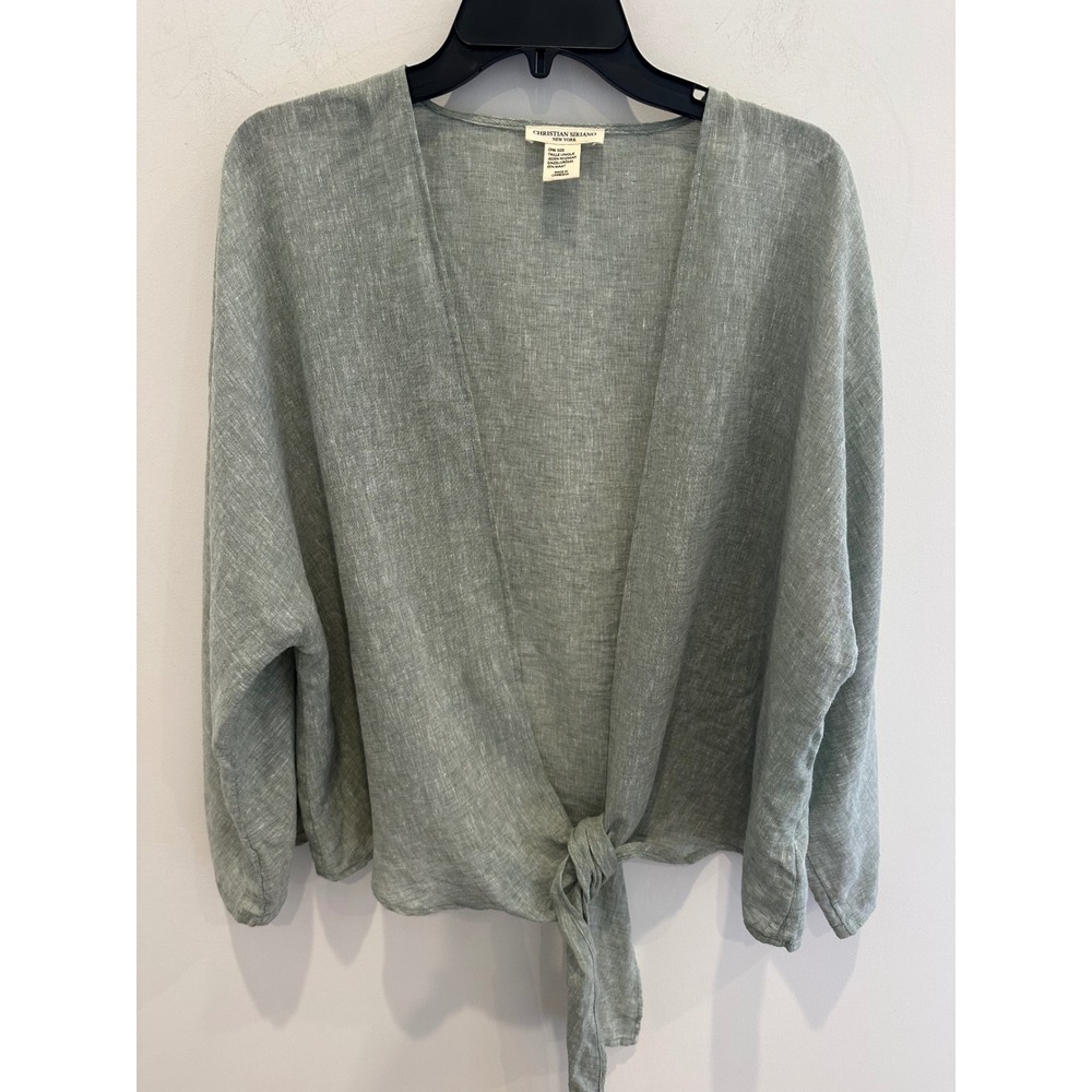 Christian Siriano New York Sage Green Linen Blend Tie Front Top One Size boho